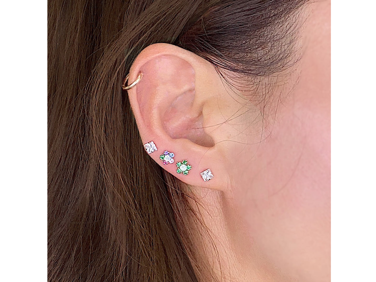 14K Solid Gold colorful Cubic zirconia flower stud earring