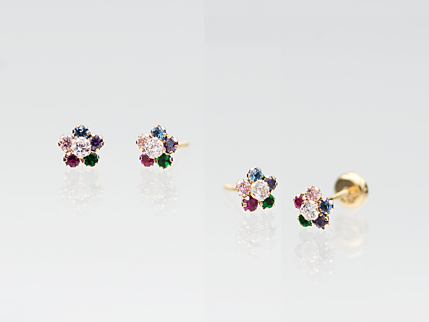 14K Solid Gold colorful Cubic zirconia flower stud earring