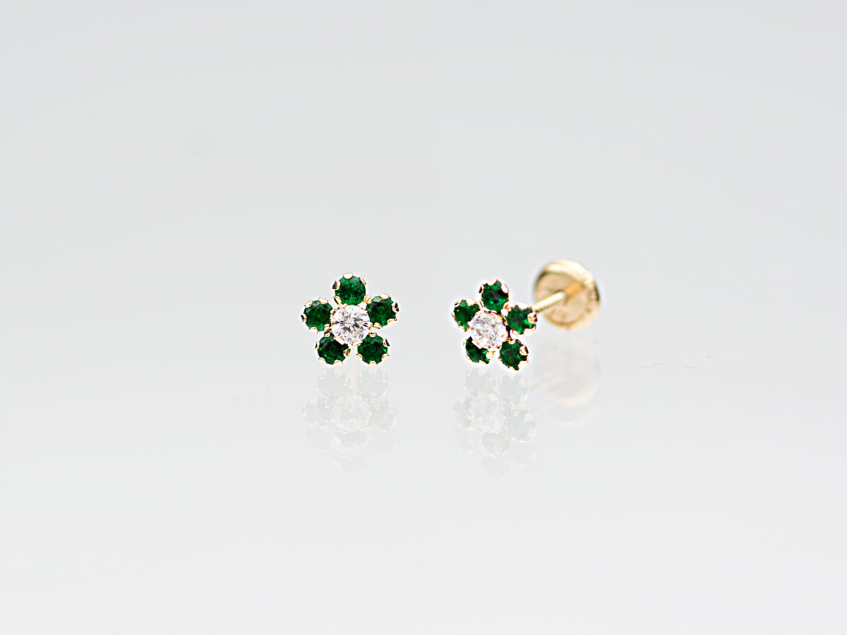 14K Solid Gold colorful Cubic zirconia flower stud earring
