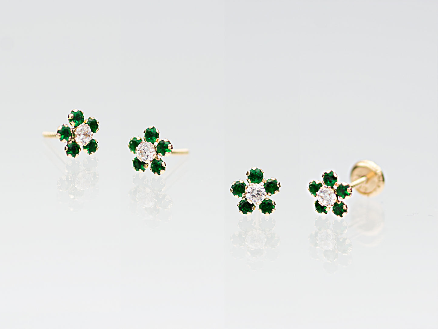 14K Solid Gold colorful Cubic zirconia flower stud earring