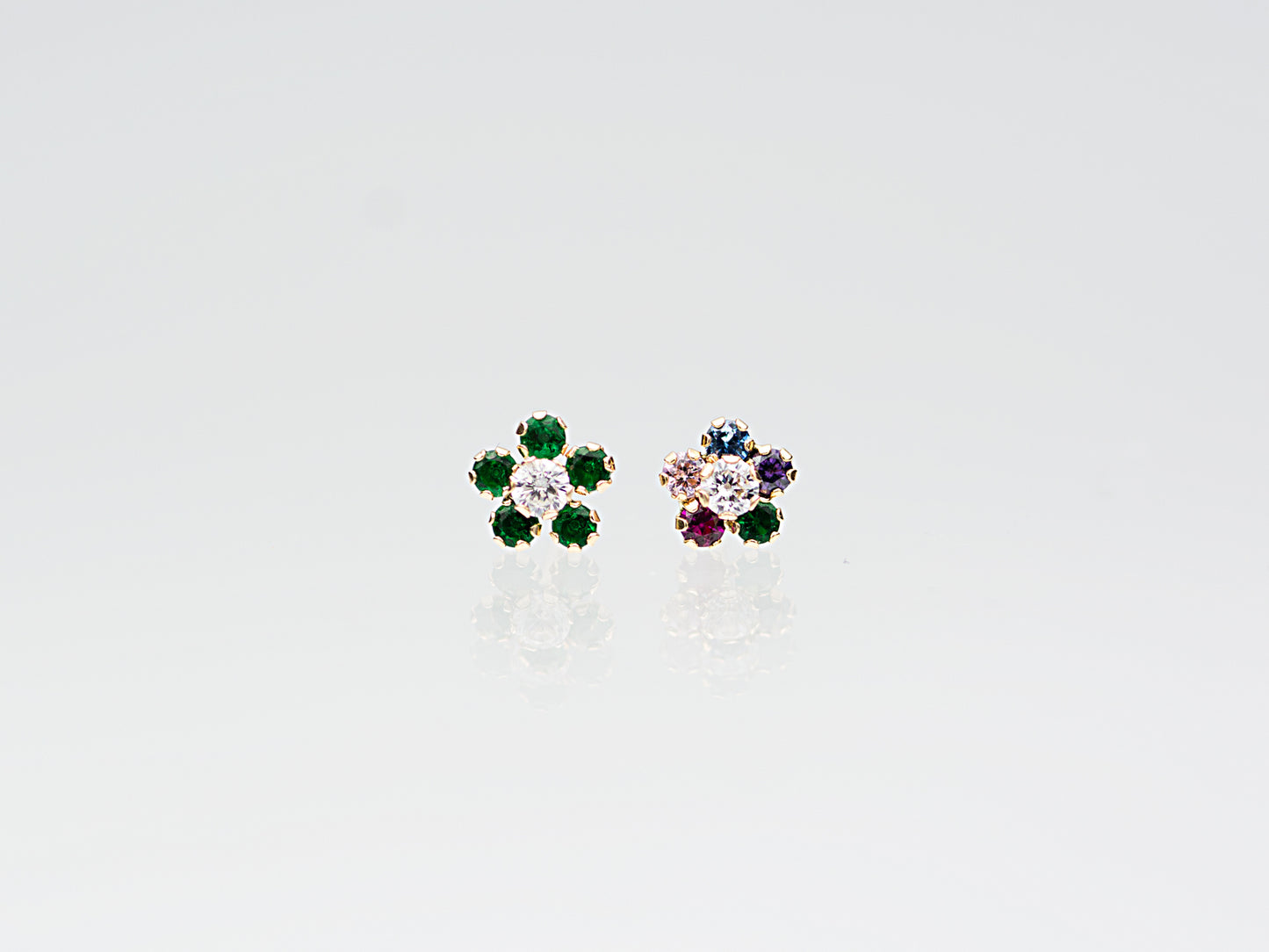 14K Solid Gold colorful Cubic zirconia flower stud earring