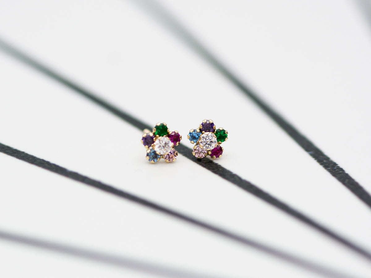 14K Solid Gold colorful Cubic zirconia flower stud earring