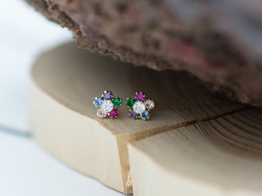 14K Solid Gold colorful Cubic zirconia flower stud earring