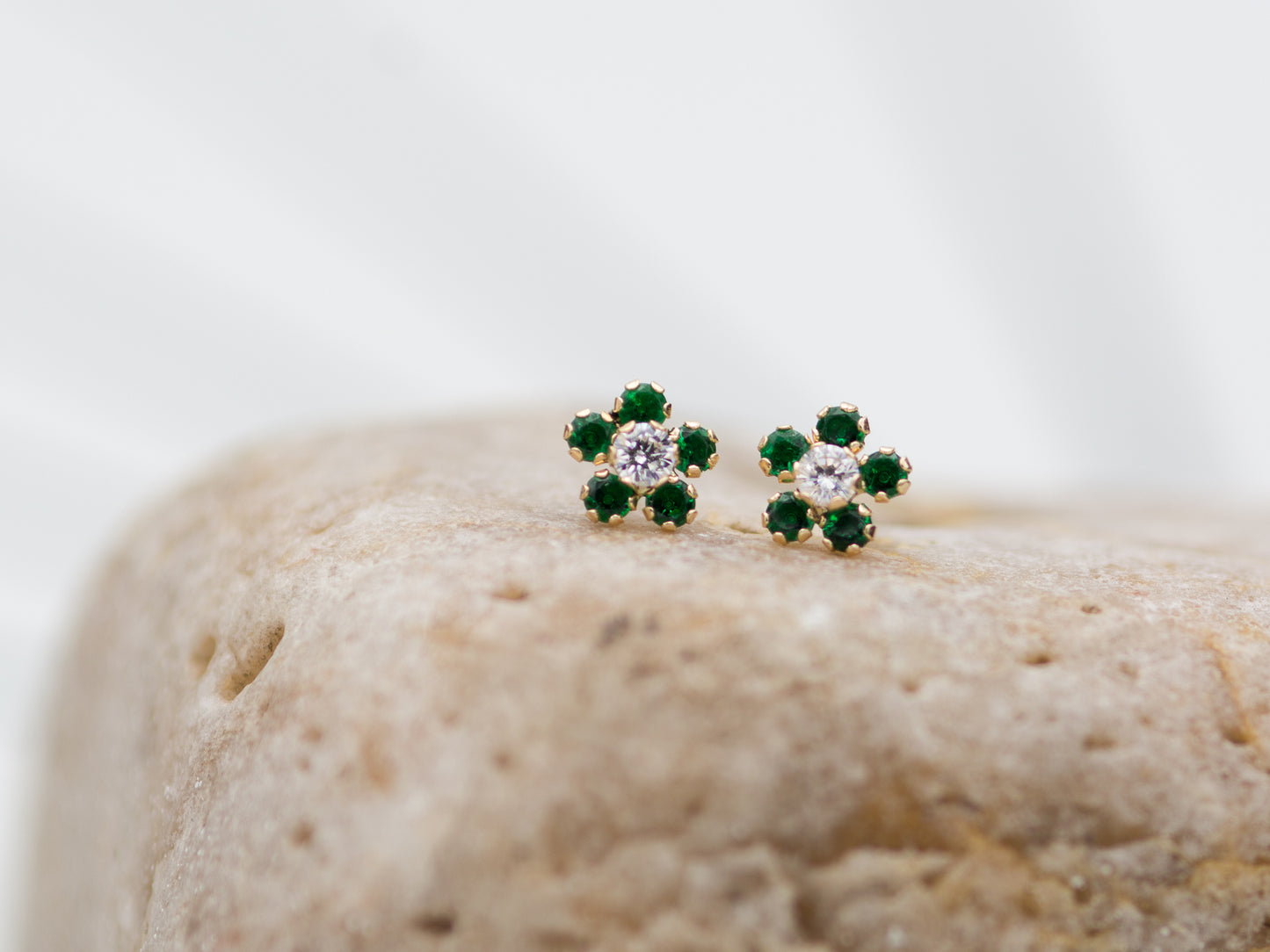 14K Solid Gold colorful Cubic zirconia flower stud earring