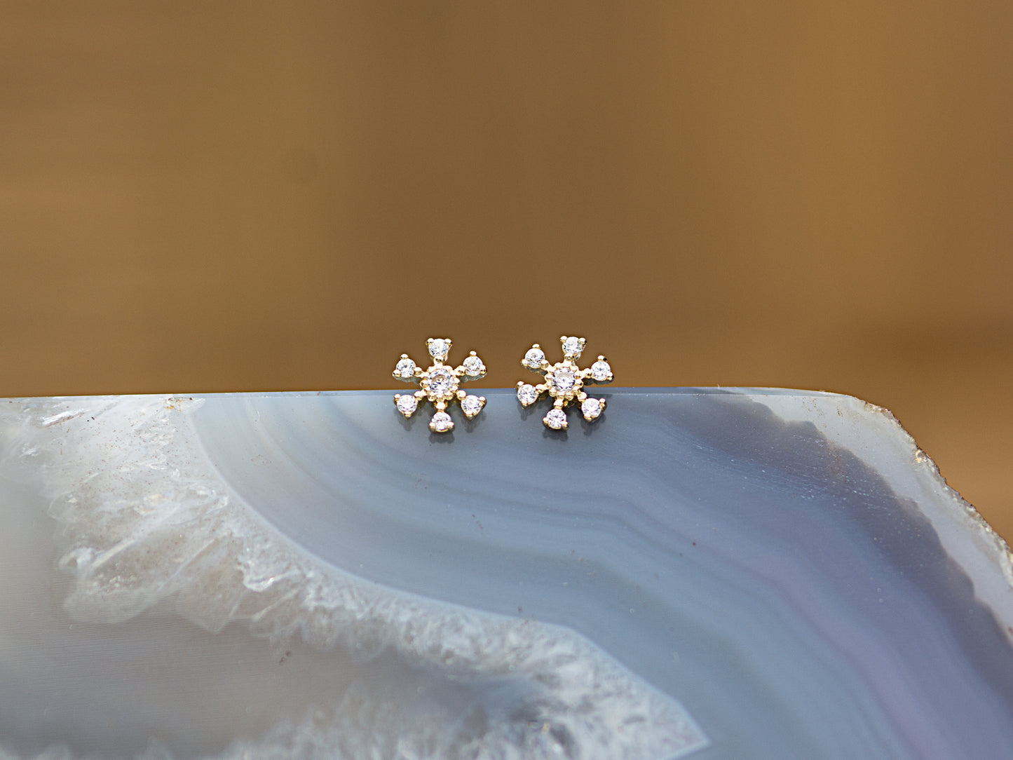 14K Solid Gold Snow Flake Stud Earrings