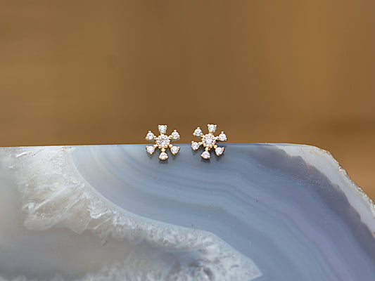 14K Solid Gold Snow Flake Stud Earrings