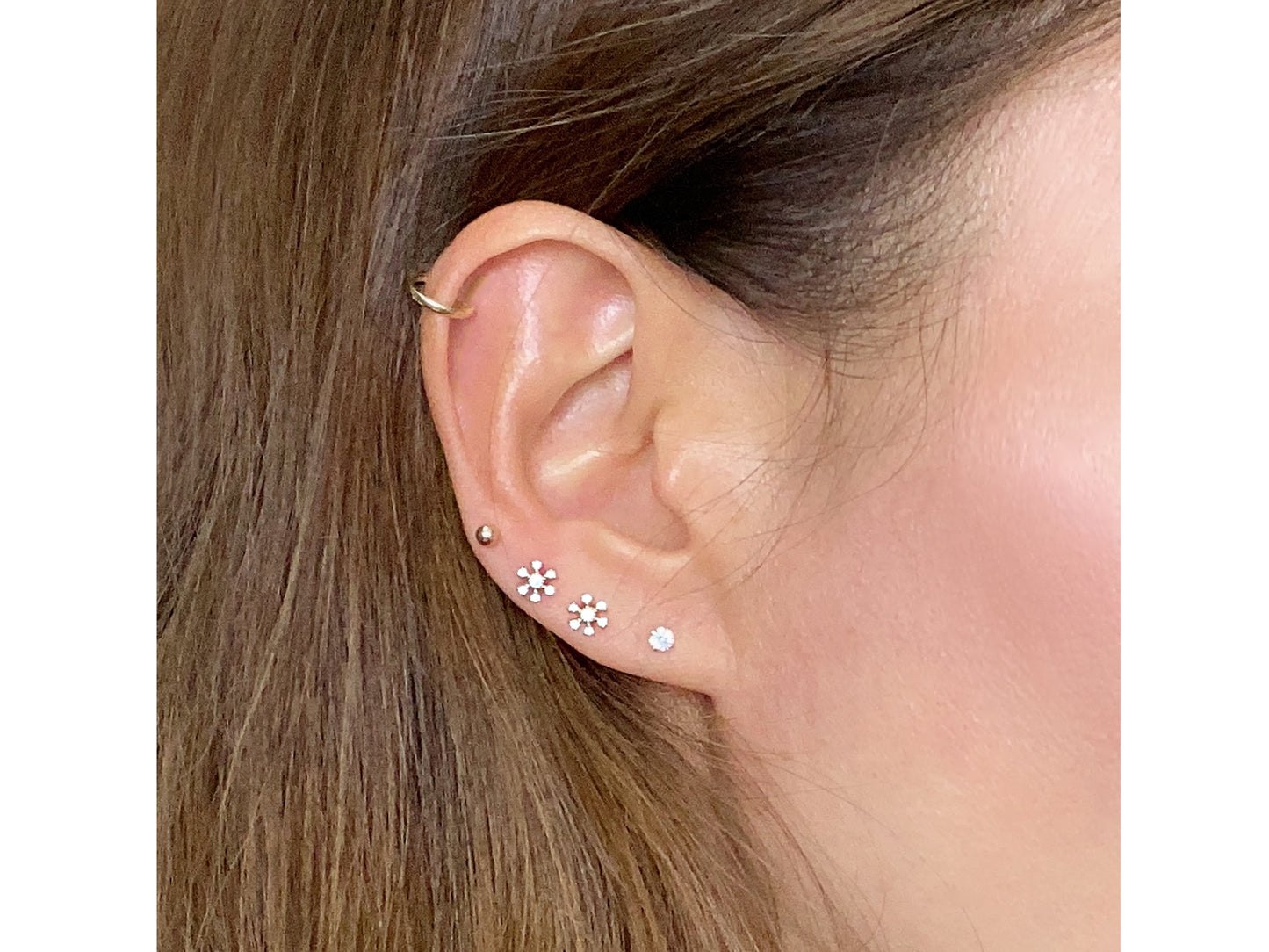 14K Solid Gold Snow Flake Stud Earrings