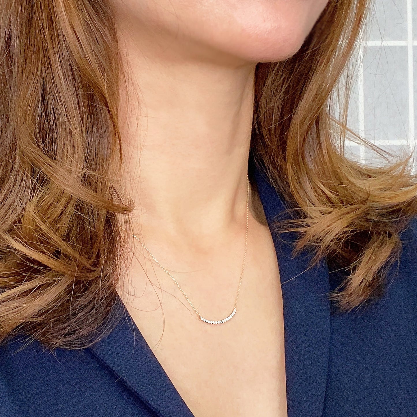 Dainty Solid Gold round Bar Necklace with simulated Diamonds Necklace