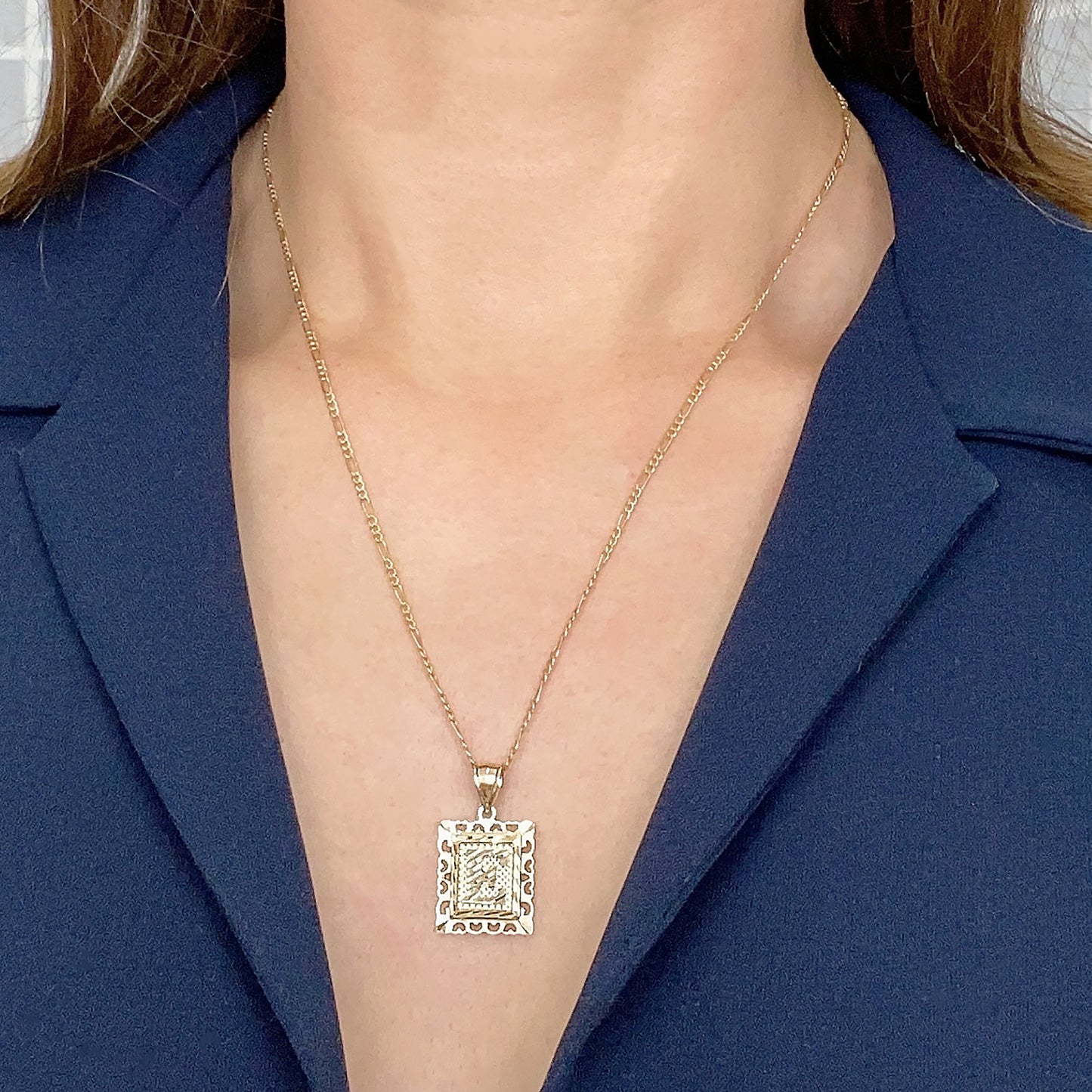 10K Solid Gold Medal Initial Alphabet Letter Frame Figaro chain Necklace