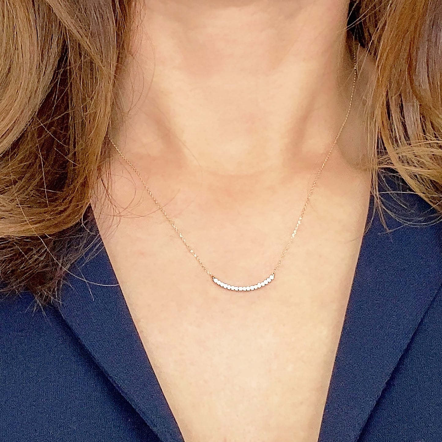 Dainty Solid Gold round Bar Necklace with simulated Diamonds Necklace