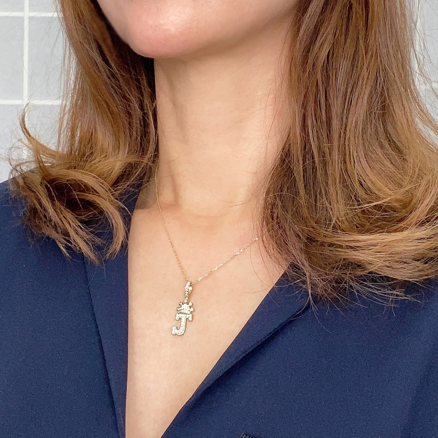 14K Solid Gold high quality simulated Diamond Crown Initial Necklace