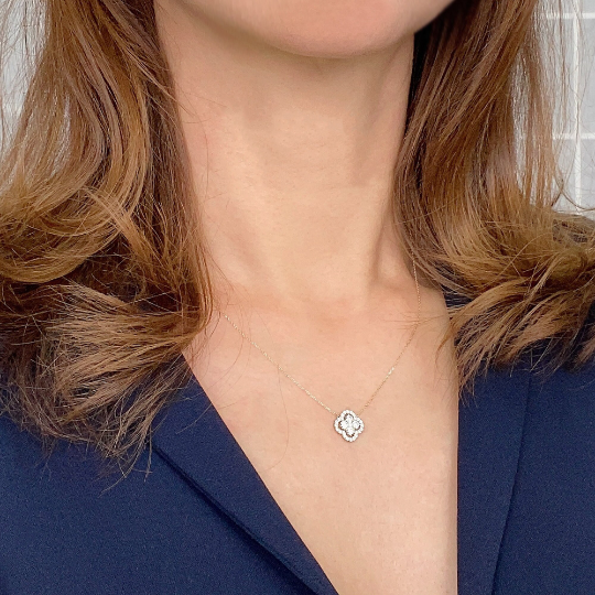 14K Solid Gold Clover Halo pendant with Dainty chain Necklace